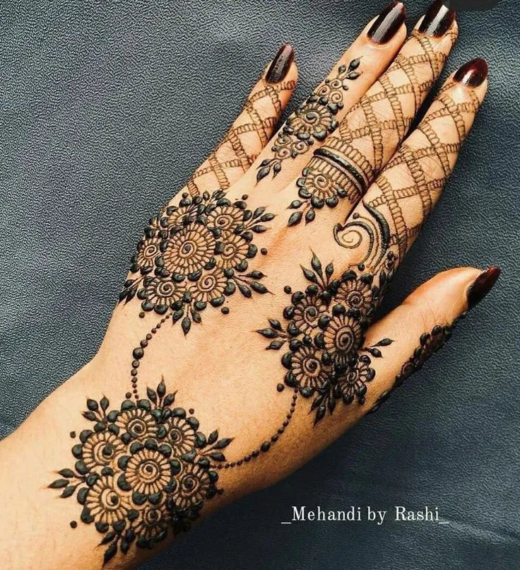 Stylish Back Hand Mehndi Design with Gol Tikki for Diwali