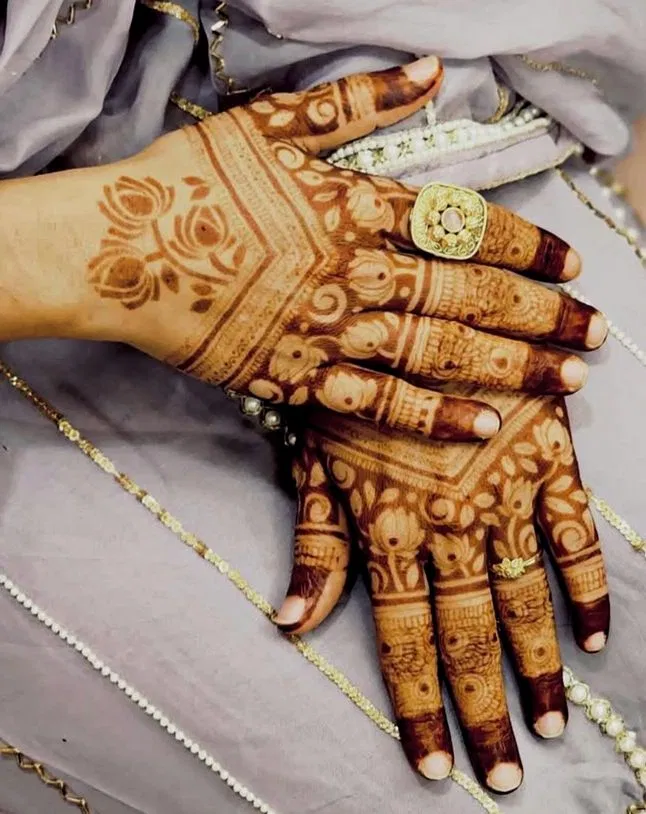 Aesthetic Royal Back Hand Mehndi Design with Flowers and Peacock