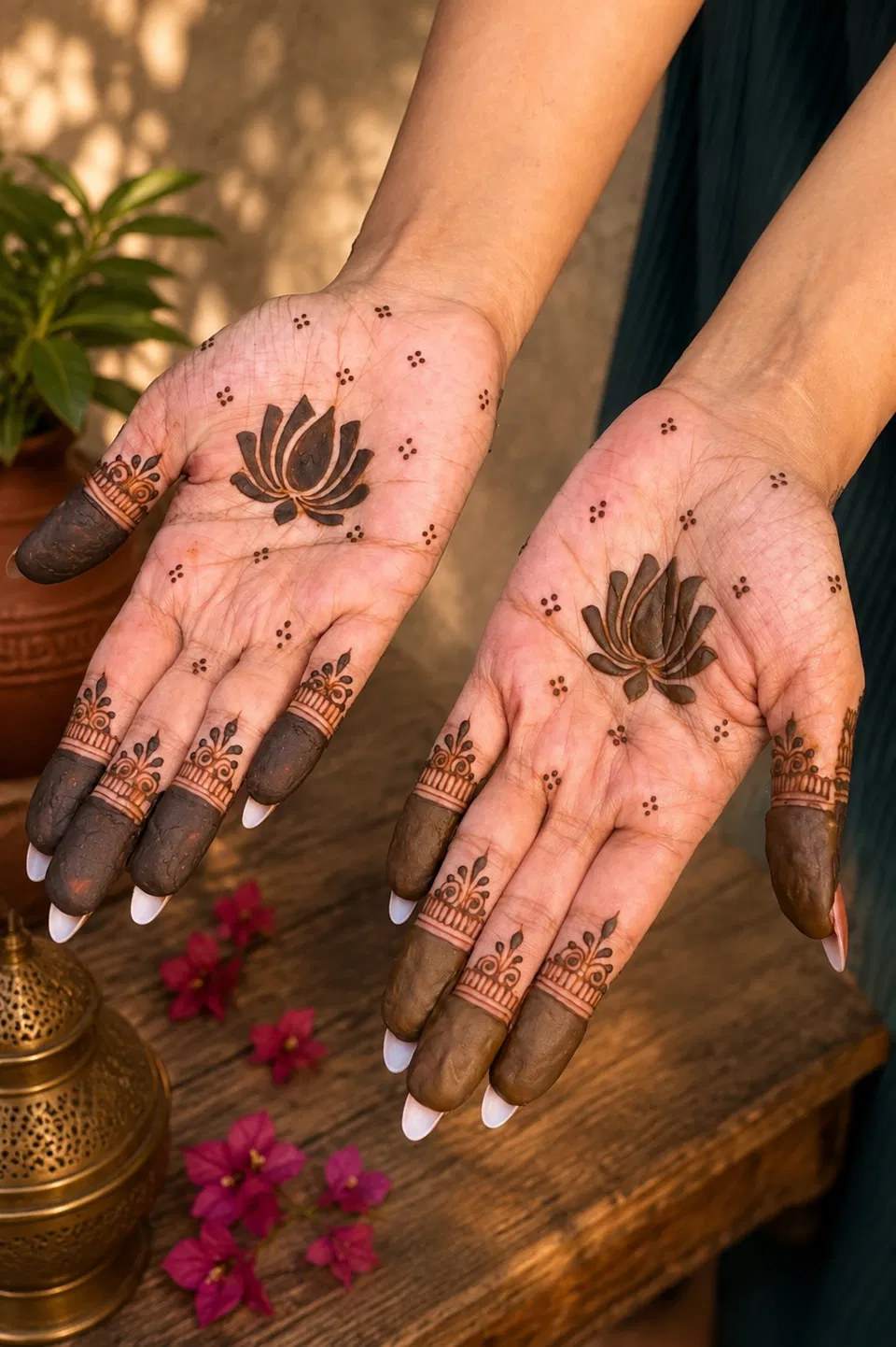 Aesthetic Minimal Front Hand Mehndi Design with Flowers, Lotus and Peacock for Diwali