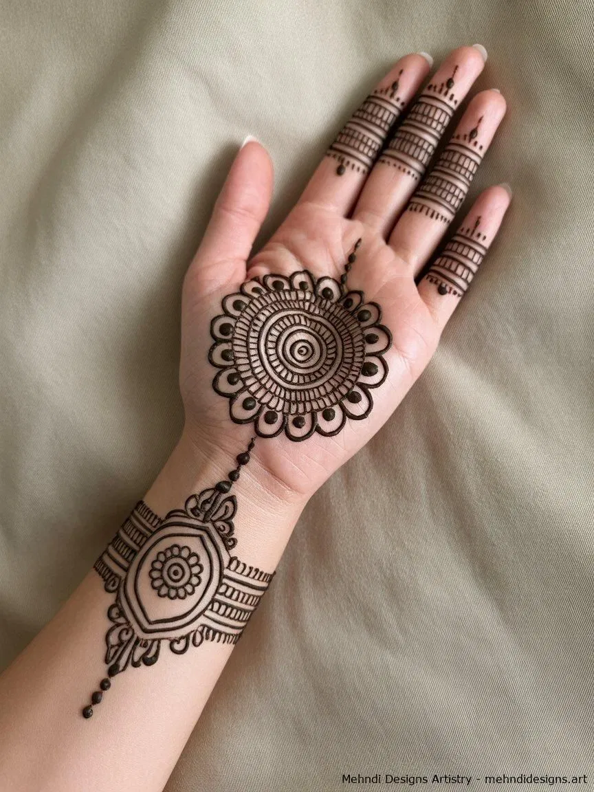 Simple Back Hand Mehndi Design with Gol Tikki and Hearts for Karwa Chauth