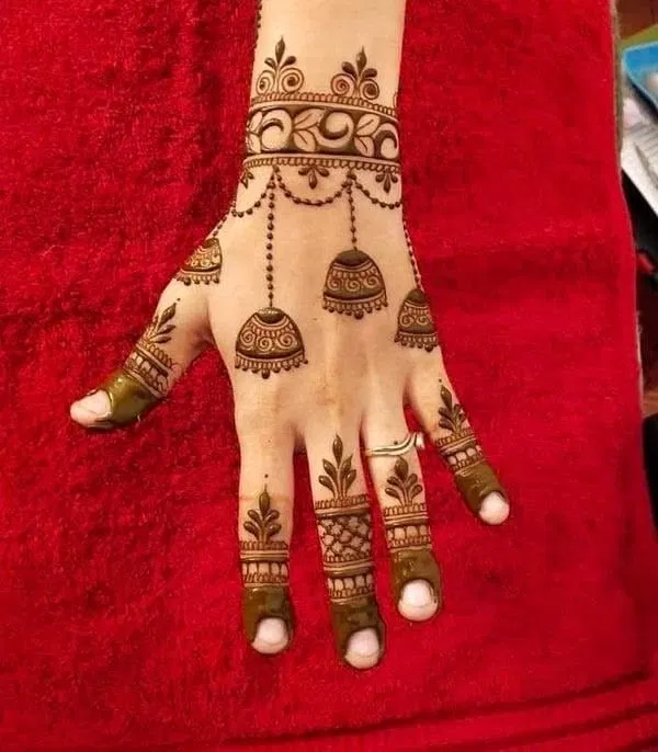 Simple Stylish Back Hand Mehndi Design with Deity and Jaal for Karwa Chauth