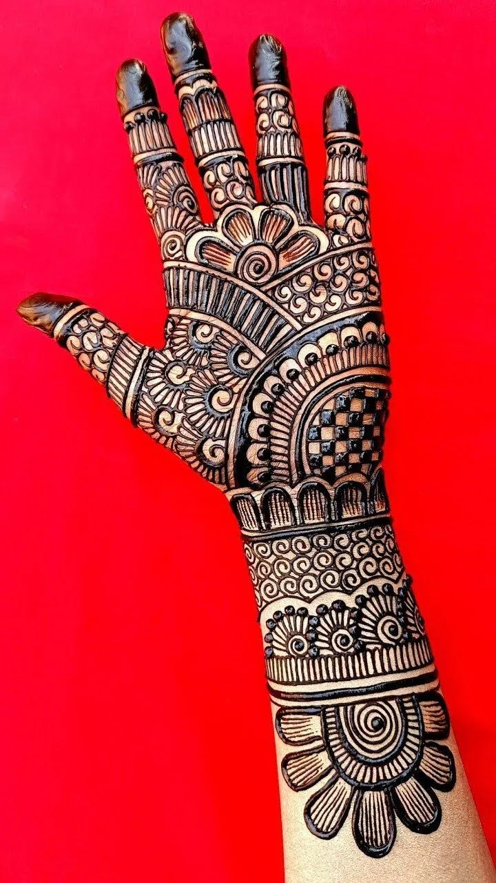Bridal Indian Front Hand Mehndi Design with Hearts for Karwa Chauth