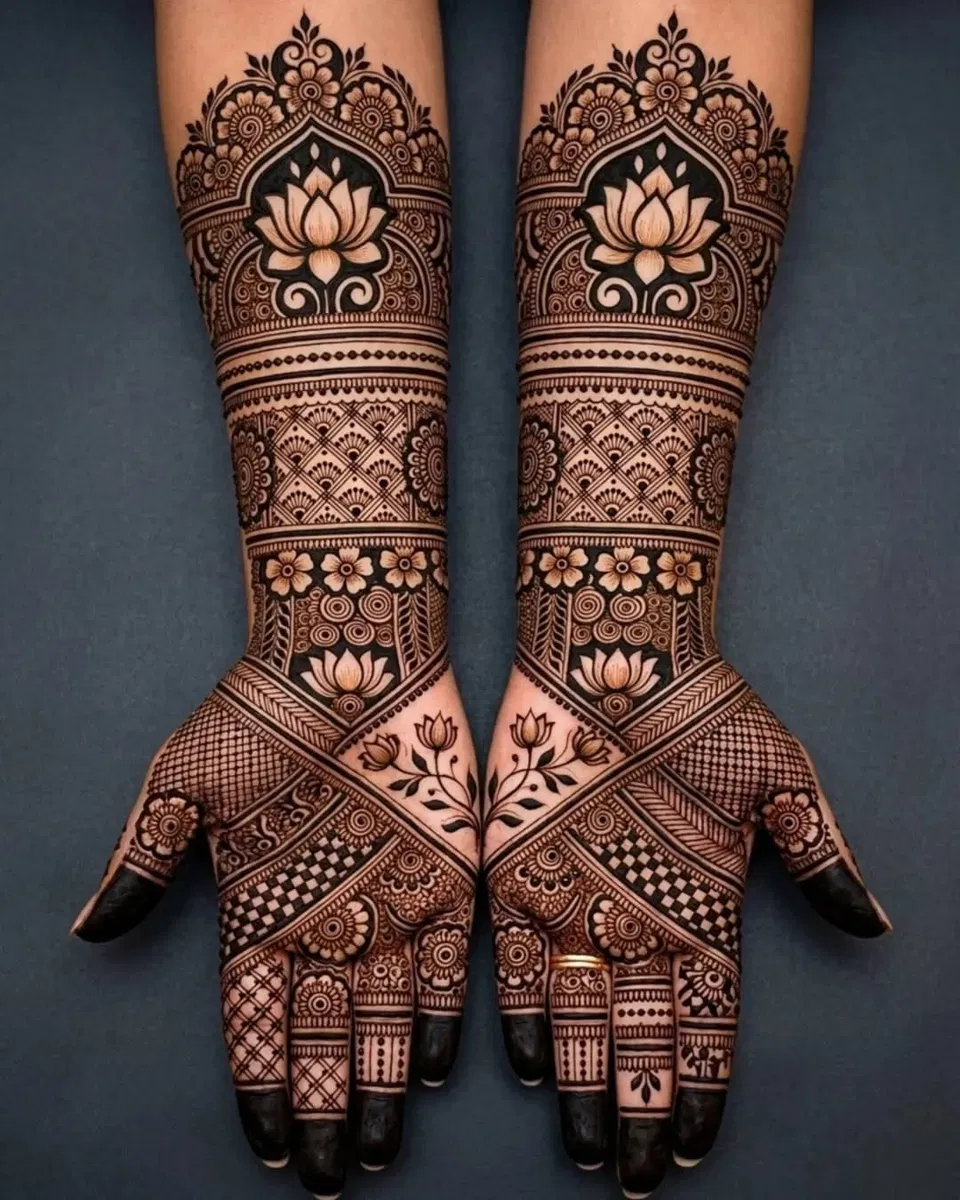 Bridal Stylish Finger Mehndi Design with Flowers and Lotus