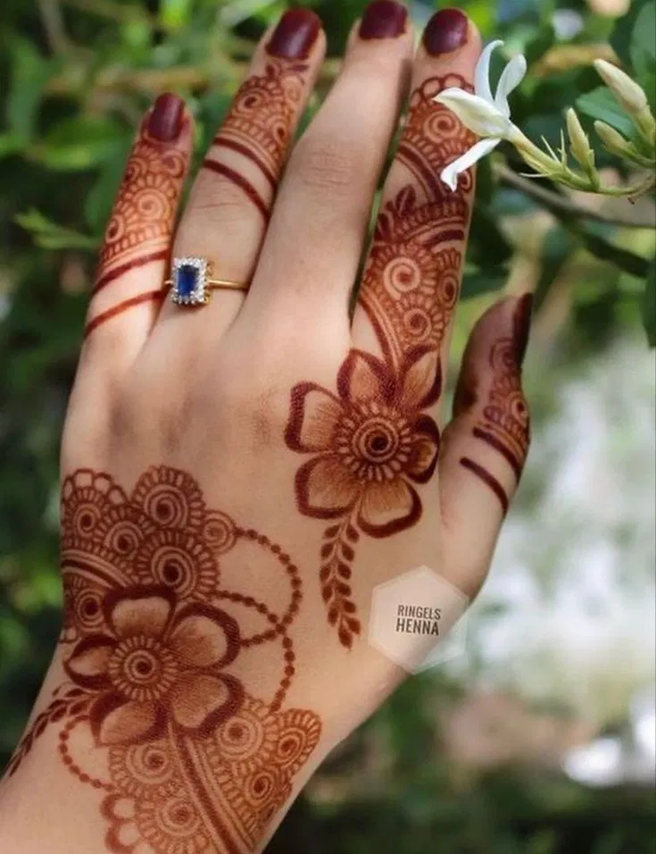 Aesthetic Arabic Back Hand Mehndi Design with Flowers and Jaal (13)