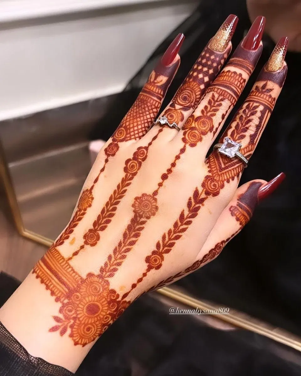 Aesthetic Dubai Back Hand Mehndi Design for Engagement