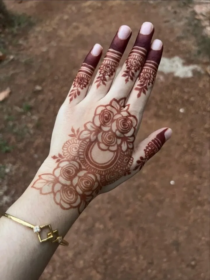 Aesthetic Arabic Back Hand Mehndi Design with Flowers (48)