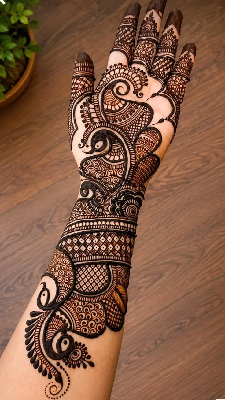 Bridal Indian Finger Mehndi Design with Gol Tikki and Peacock