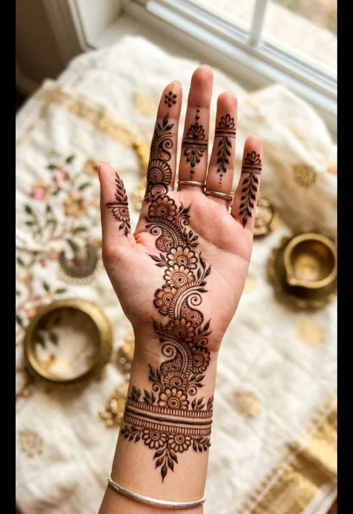Aesthetic Arabic Front Hand Mehndi Design with Bel (8)