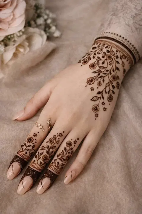bridal minimal bel back hand mehndi design