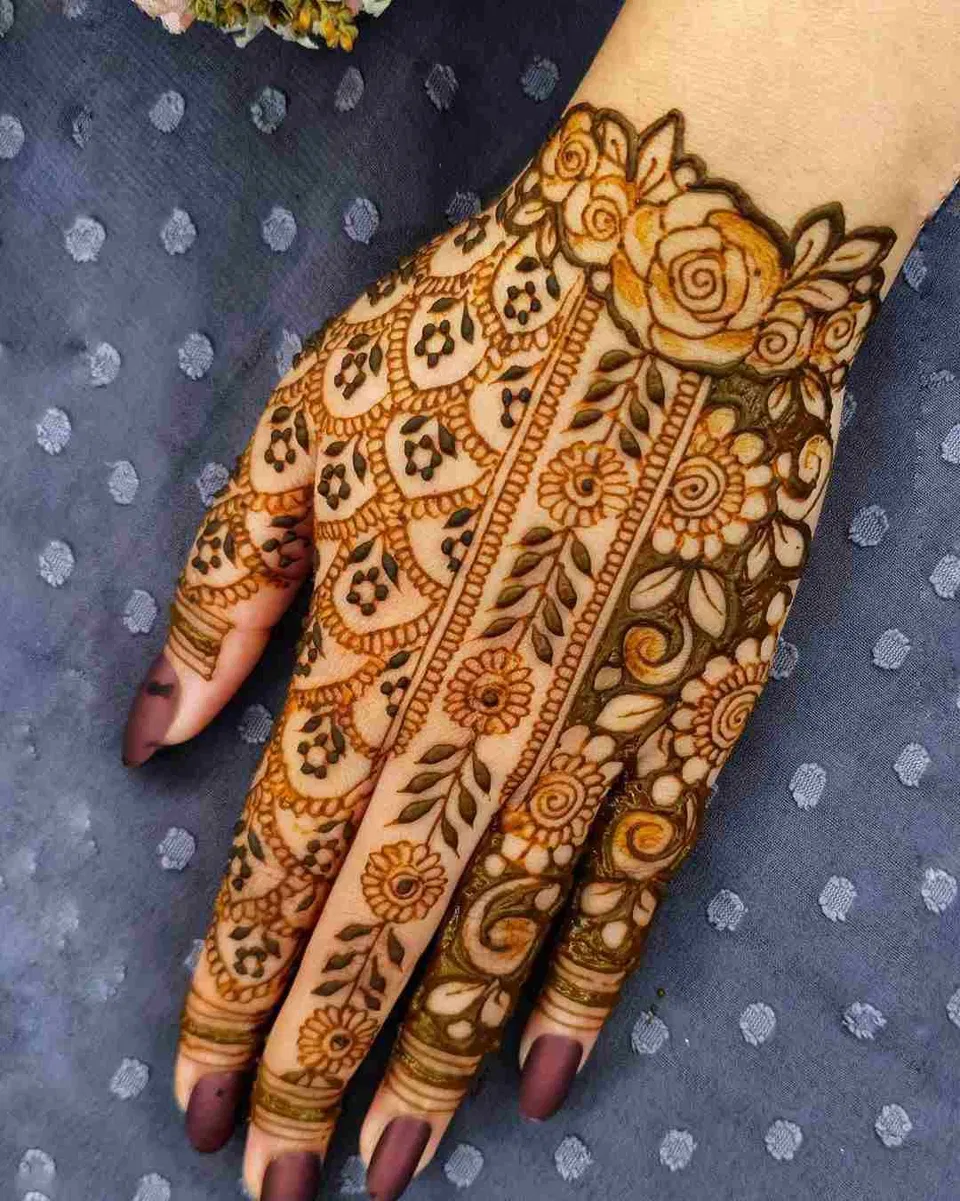 Bridal Stylish Back Hand Mehndi Design with Deity and Flowers