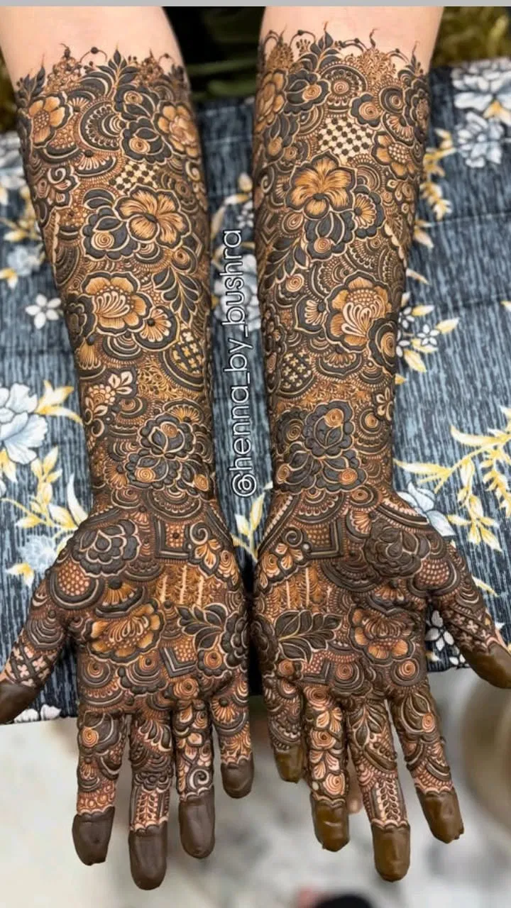 Arabic Bridal Back Hand Mehndi Design with Figures for Engagement