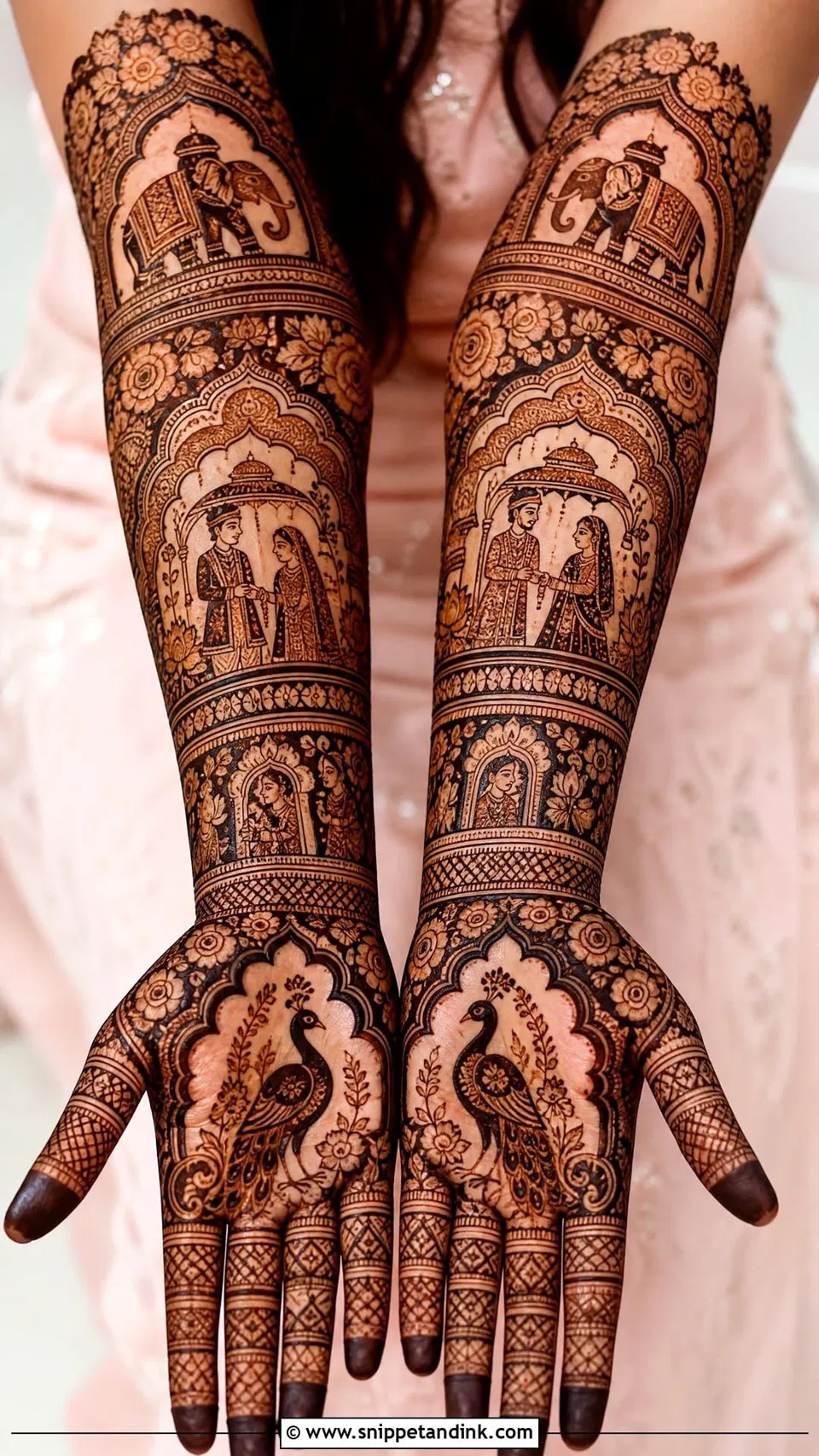 Arabic Bridal Back Hand Mehndi Design with Figures, Flowers and Peacock (5)