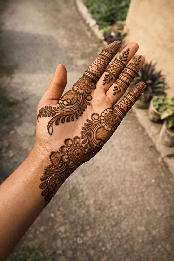 Arabic Stylish Front Hand Mehndi Design with Gol Tikki and Jaal
