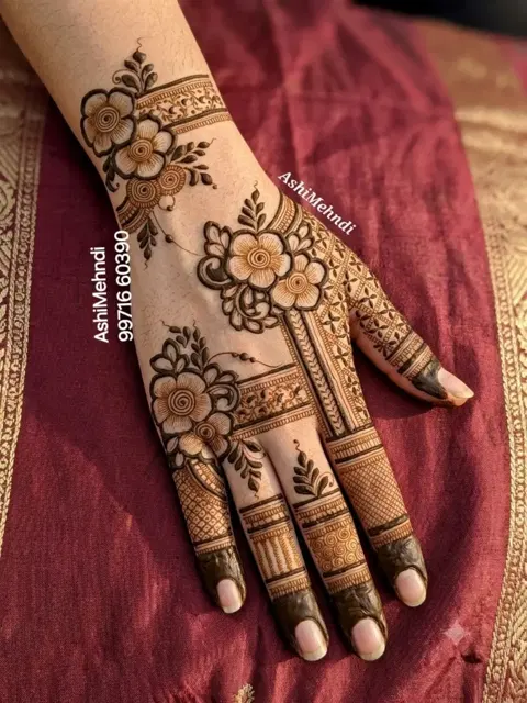 aesthetic bridal flower back hand mehndi design