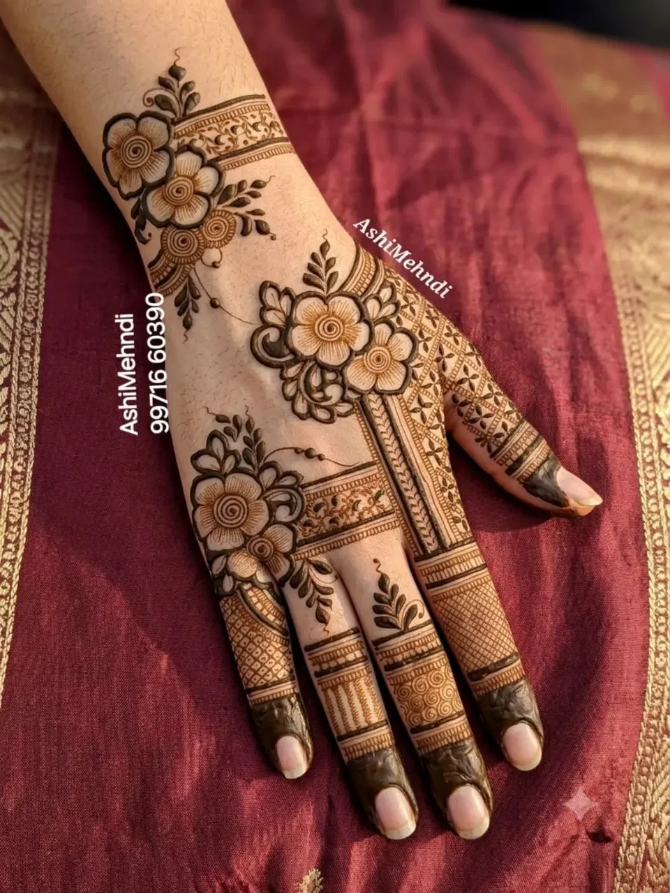 Aesthetic Bridal Back Hand Mehndi Design with Flowers and Lotus for Teej