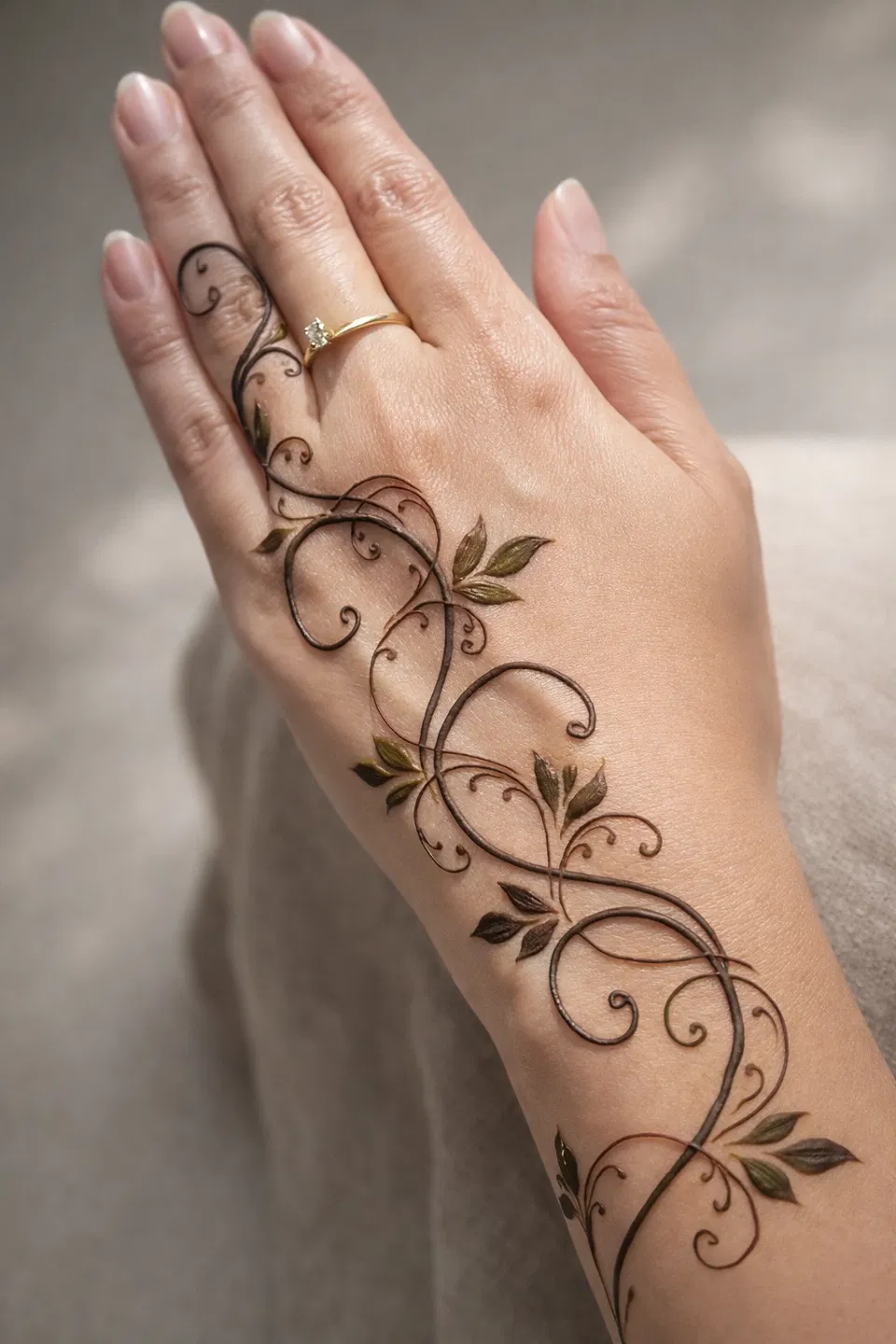 Arabic Minimal Back Hand Mehndi Design with Bel and Deity