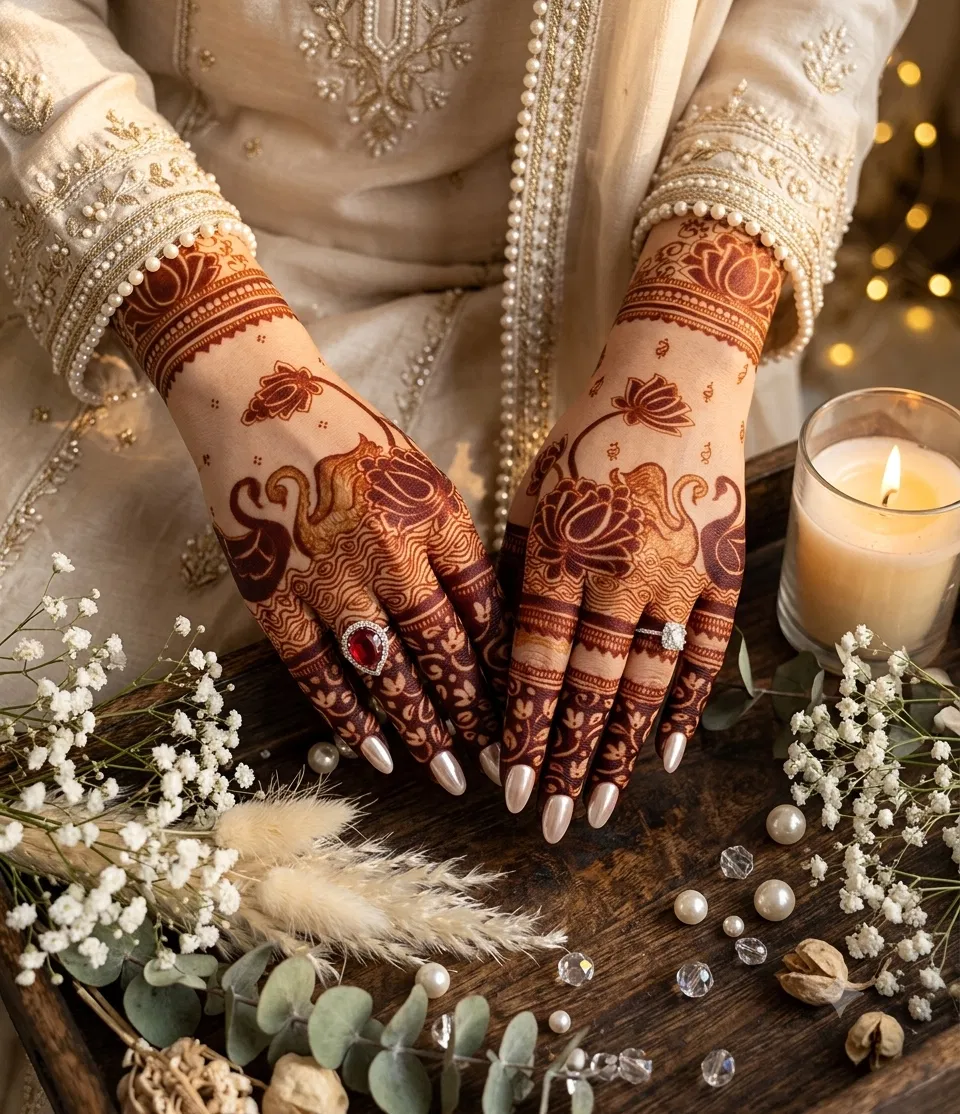 Aesthetic Bridal Back Hand Mehndi Design with Flowers for Engagement (11)