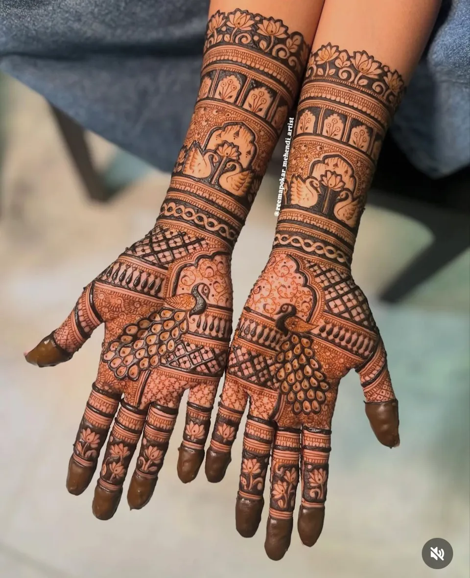 Bridal Indian Front Hand Mehndi Design with Figures and Jaal for Diwali