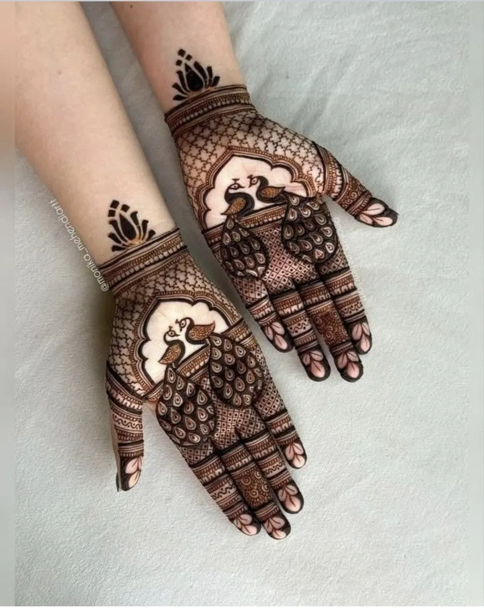 Bridal Indian Full Hand Mehndi Design with Figures, Hearts and Peacock for Diwali