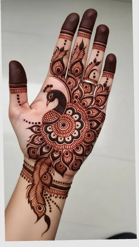 bridal royal peacock back hand mehndi design