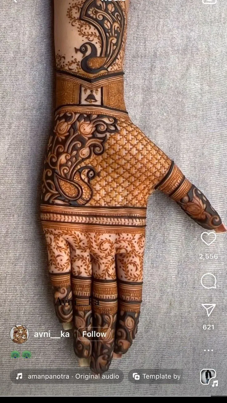 Bridal Indian Back Hand Mehndi Design with Figures and Peacock for Teej (12)