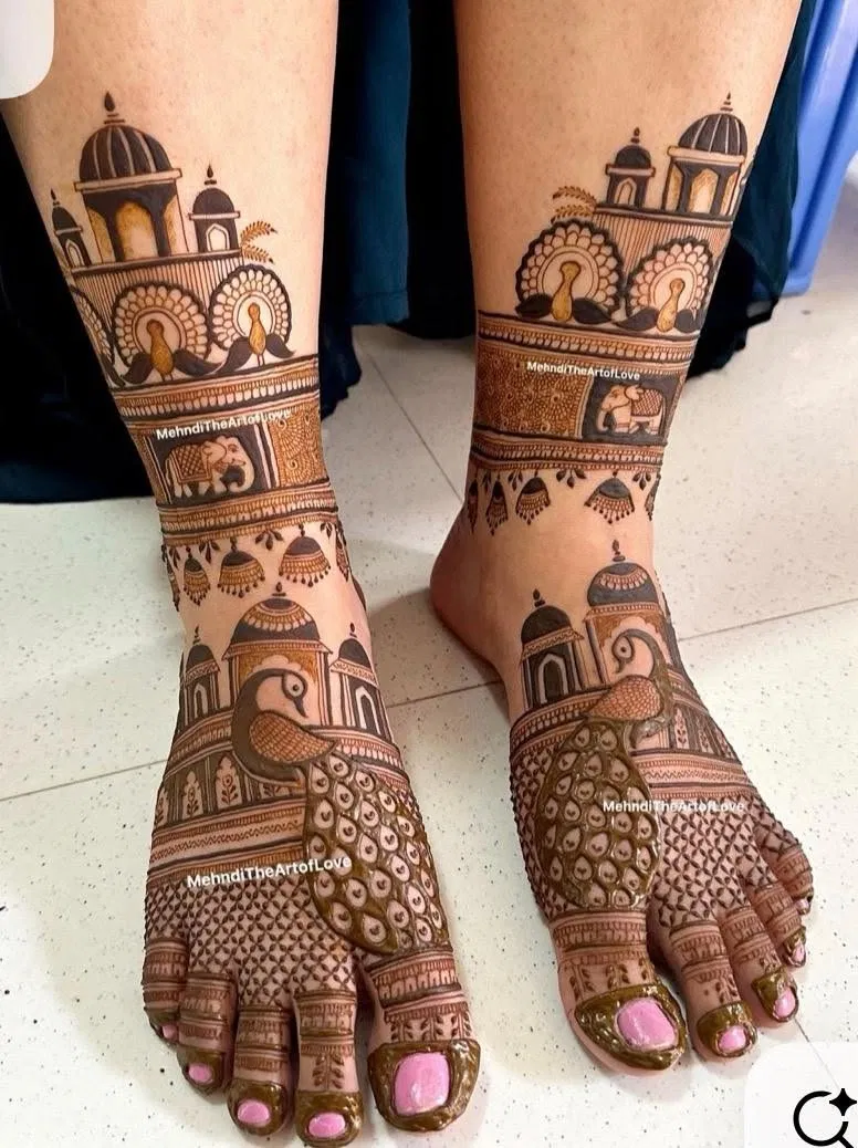 Bridal Royal Foot Mehndi Design with Figures and Peacock for Karwa Chauth