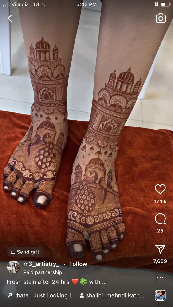 Bridal Indian Foot Mehndi Design with Figures, Hearts and Peacock