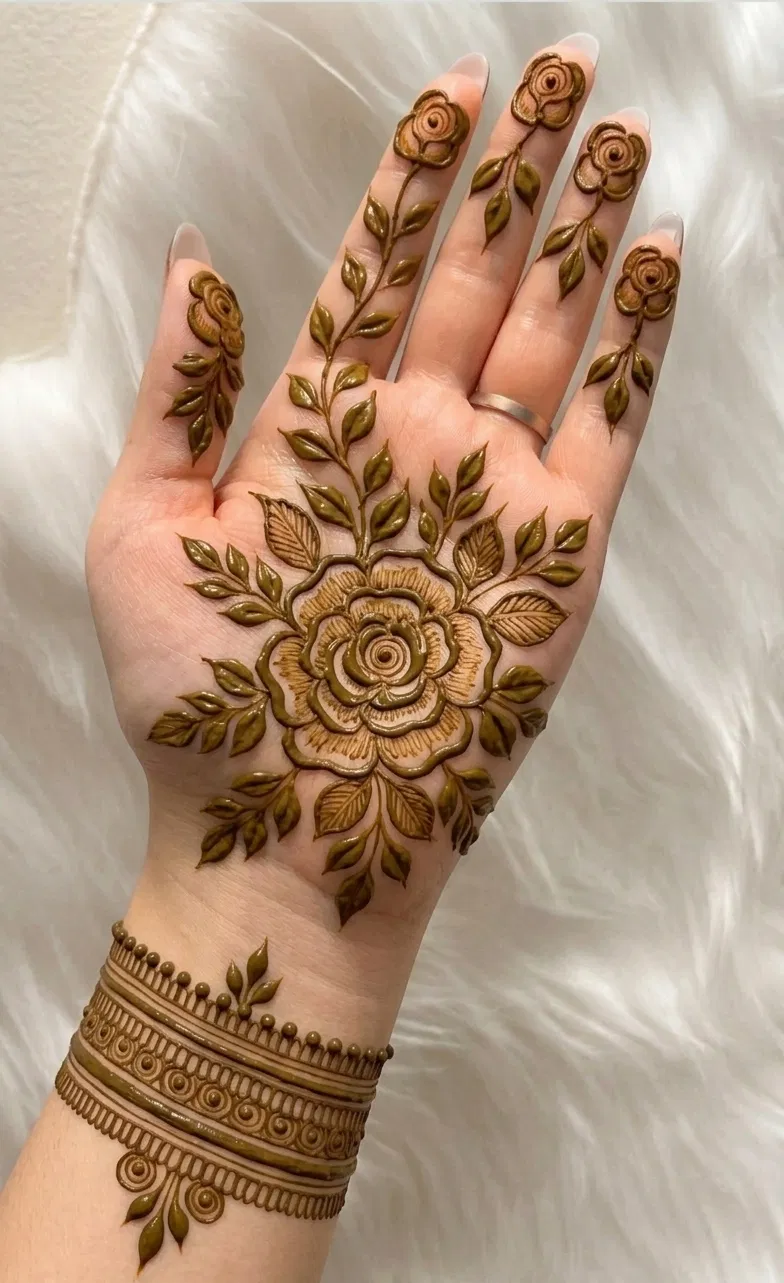 Aesthetic Arabic Finger Mehndi Design with Gol Tikki and Flowers (6)