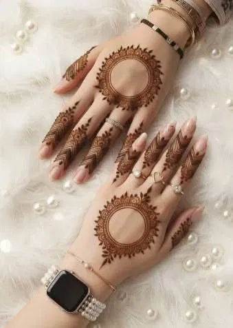 Arabic Minimal Back Hand Mehndi Design with Gol Tikki and Peacock