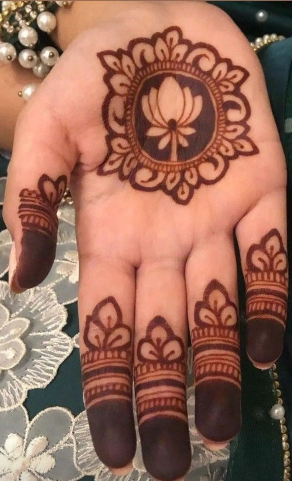 Aesthetic Arabic Front Hand Mehndi Design with Gol Tikki and Flowers for Diwali (4)