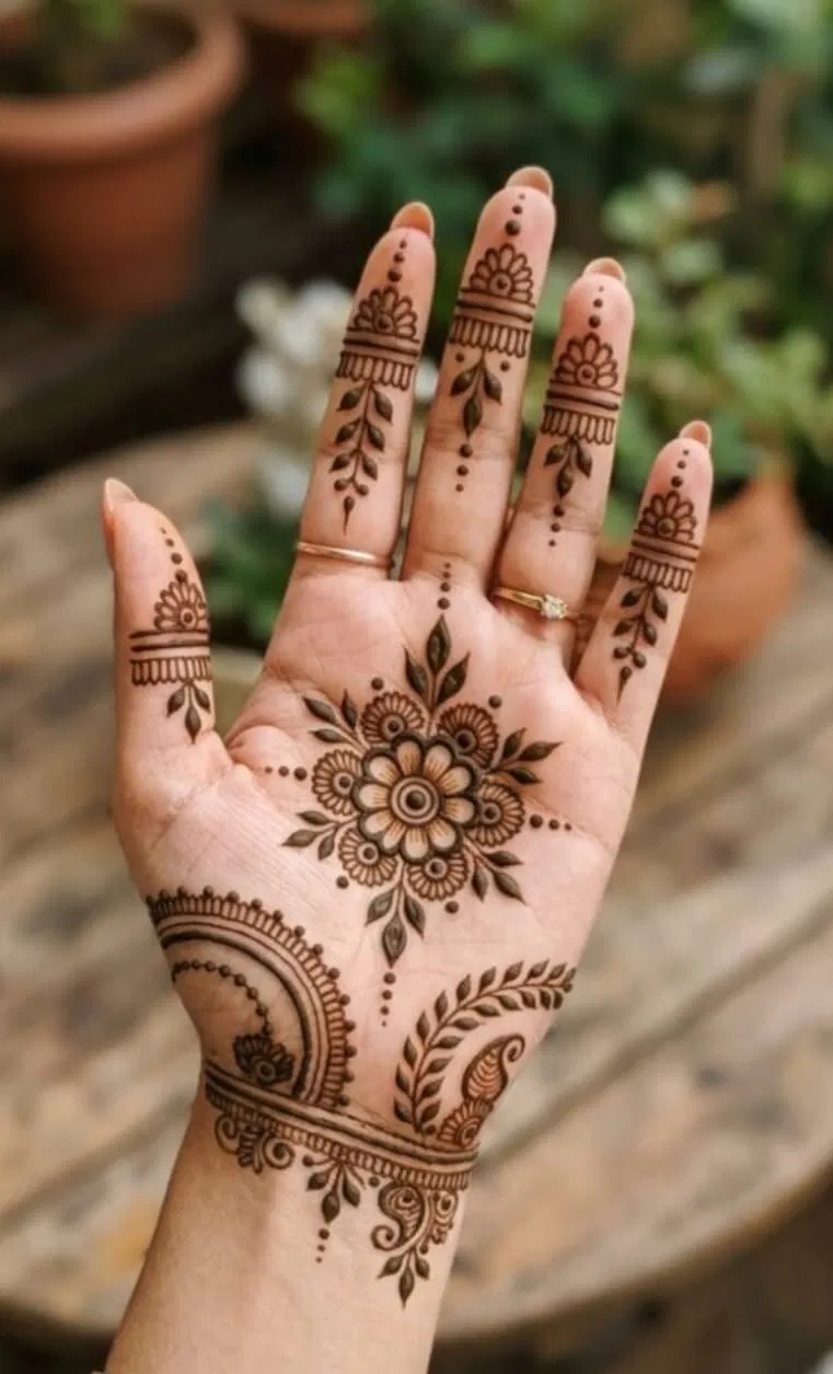 Aesthetic Arabic Finger Mehndi Design with Gol Tikki and Flowers (7)