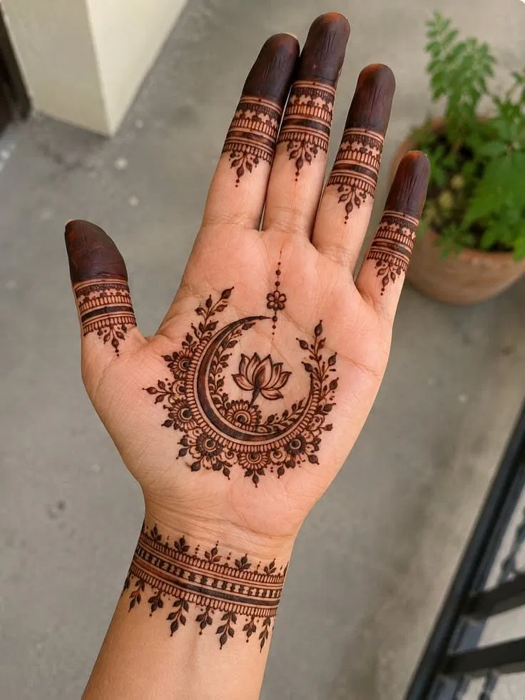 Aesthetic Minimal Front Hand Mehndi Design with Gol Tikki, Flowers and Lotus for Diwali