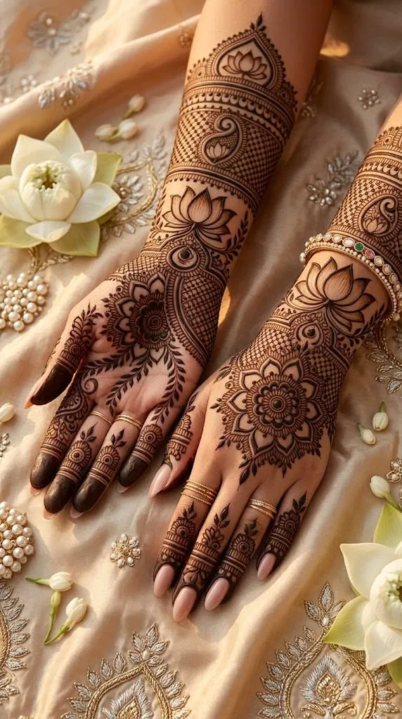Bridal Indian Back Hand Mehndi Design with Flowers and Lotus (2)