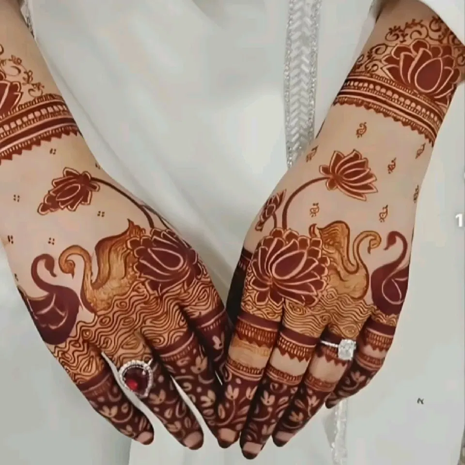 Bridal Royal Back Hand Mehndi Design with Figures, Lotus and Peacock