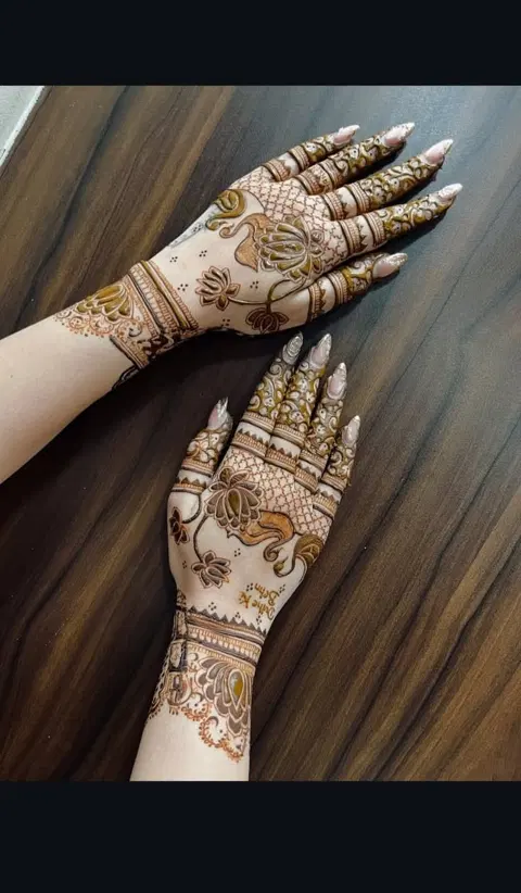 bridal royal figure back hand mehndi design