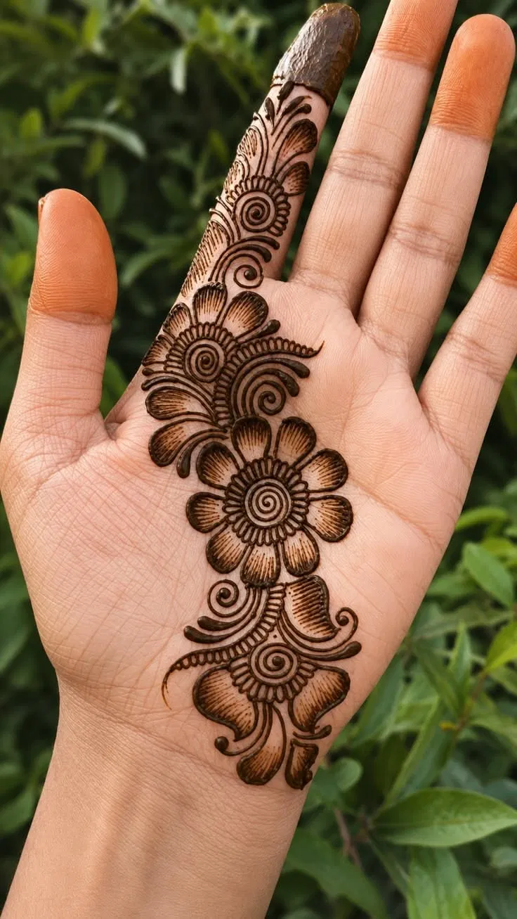 Arabic Simple Finger Mehndi Design with Bel, Gol Tikki and Flowers
