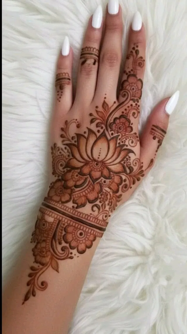 Indian Minimal Back Hand Mehndi Design with Bel and Gol Tikki