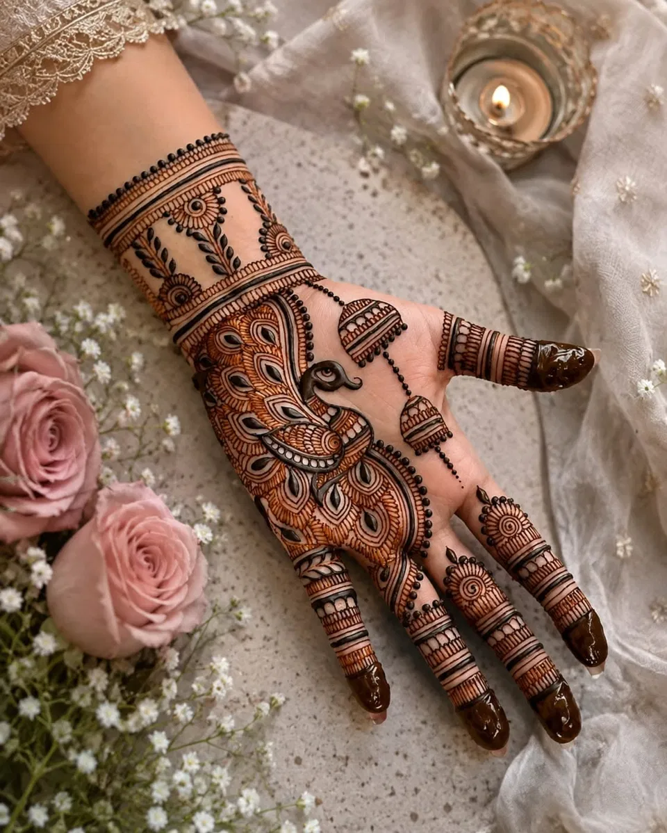 Aesthetic Bridal Back Hand Mehndi Design with Gol Tikki, Flowers and Lotus (15)