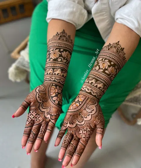 bridal royal flower arm mehndi design