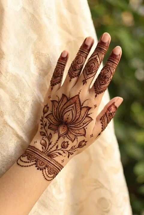 royal lotus back hand mehndi design