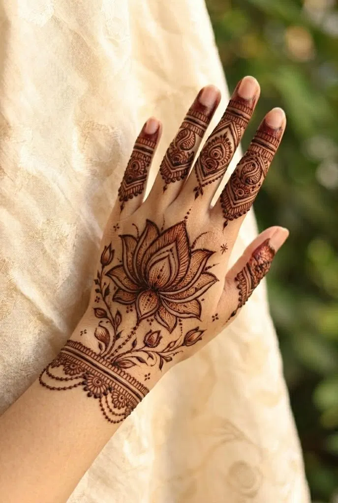 Royal Back Hand Mehndi Design with Lotus (2)