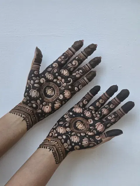 aesthetic bridal lotus back hand mehndi design
