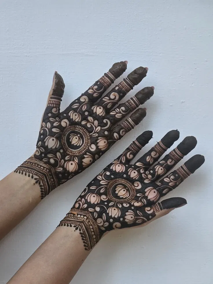 Aesthetic Bridal Back Hand Mehndi Design with Lotus (4)
