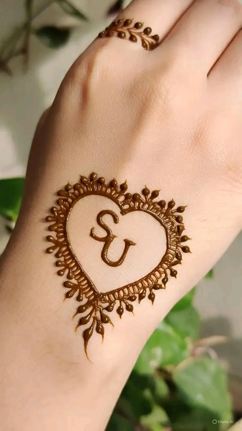 Stylish Front Hand Mehndi Design with Hearts and Hidden Name