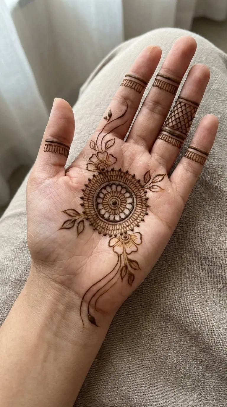 Aesthetic Arabic Front Hand Mehndi Design with Bel, Gol Tikki and Flowers for Eid (3)