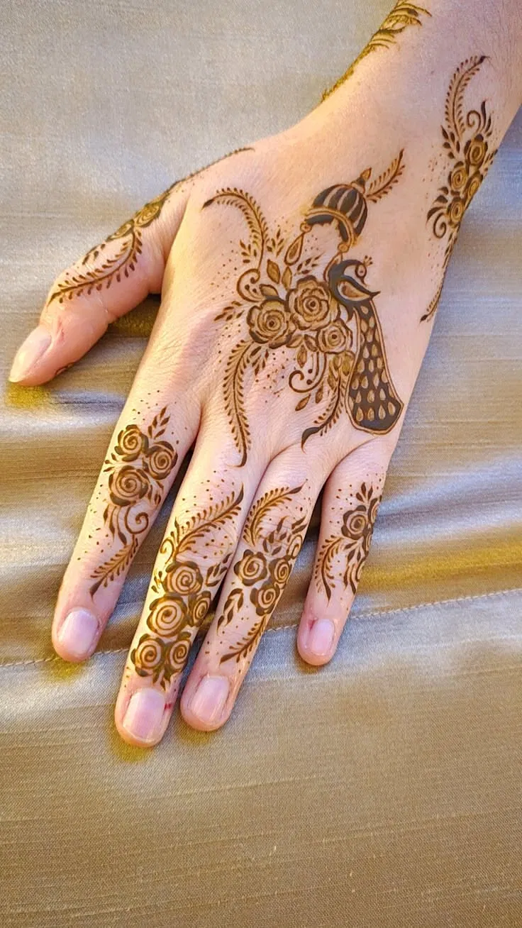 Aesthetic Bridal Finger Mehndi Design with Flowers and Peacock