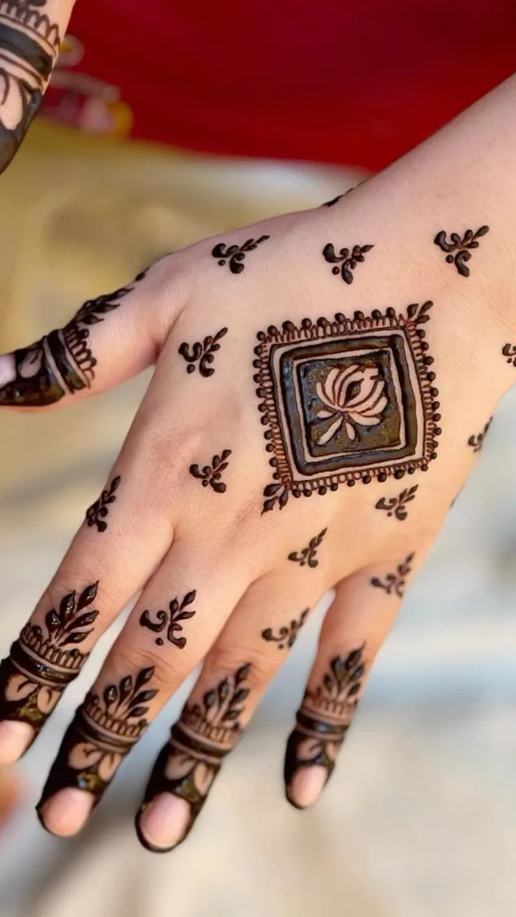 Aesthetic Minimal Back Hand Mehndi Design with Lotus and Hidden Name