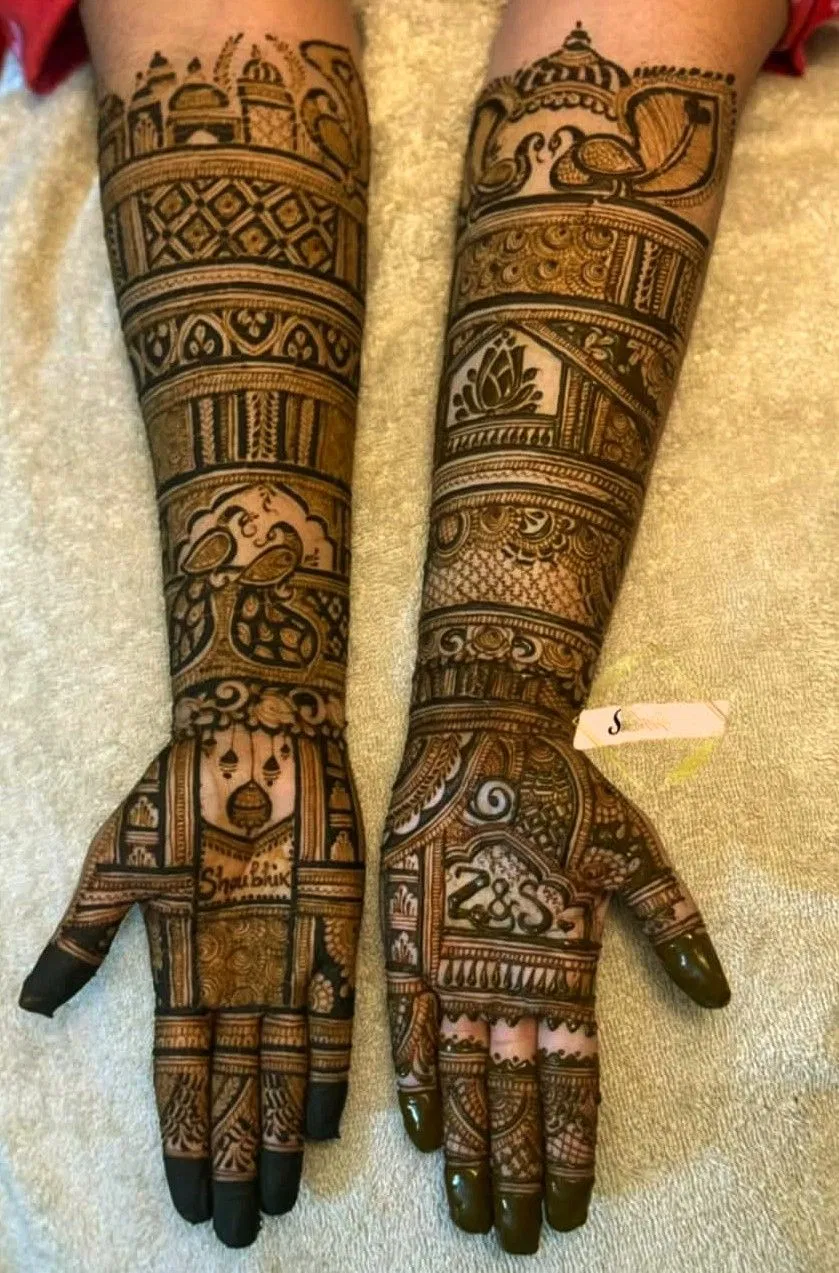 Bridal Indian Full Hand Mehndi Design with Gol Tikki, Figures and Peacock for Teej (2)