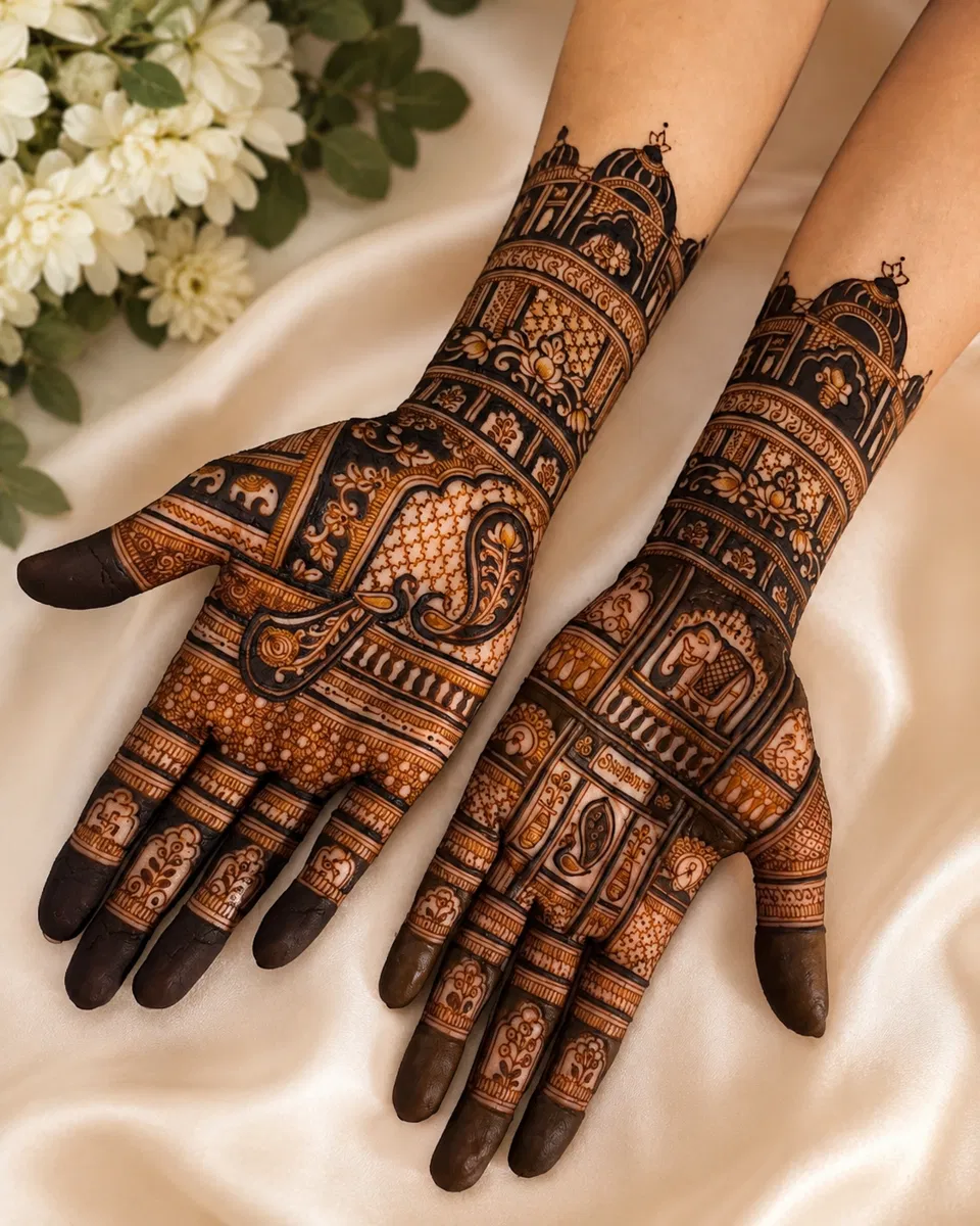 Bridal Royal Front Hand Mehndi Design with Figures for Teej (4)