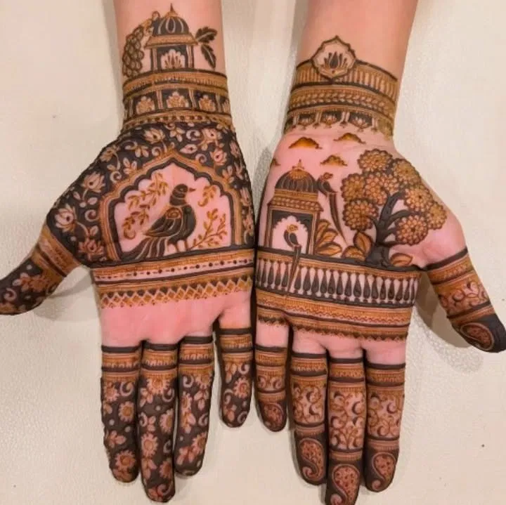 Bridal Indian Finger Mehndi Design with Figures and Peacock